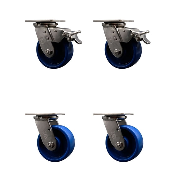 5 Inch 316SS Solid Poly Swivel Caster Set with Ball Bearings 2 Brakes SCC