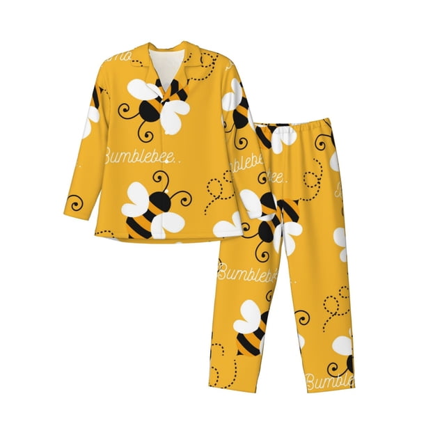 Fotbe Cute Bee Butterfly Yelllow Pijama de Hombre con Estampado de Manga Larga, Conjunto de 2 Piezas, Ropa de Dormir Suave y Cómoda con Bolsillos-Small