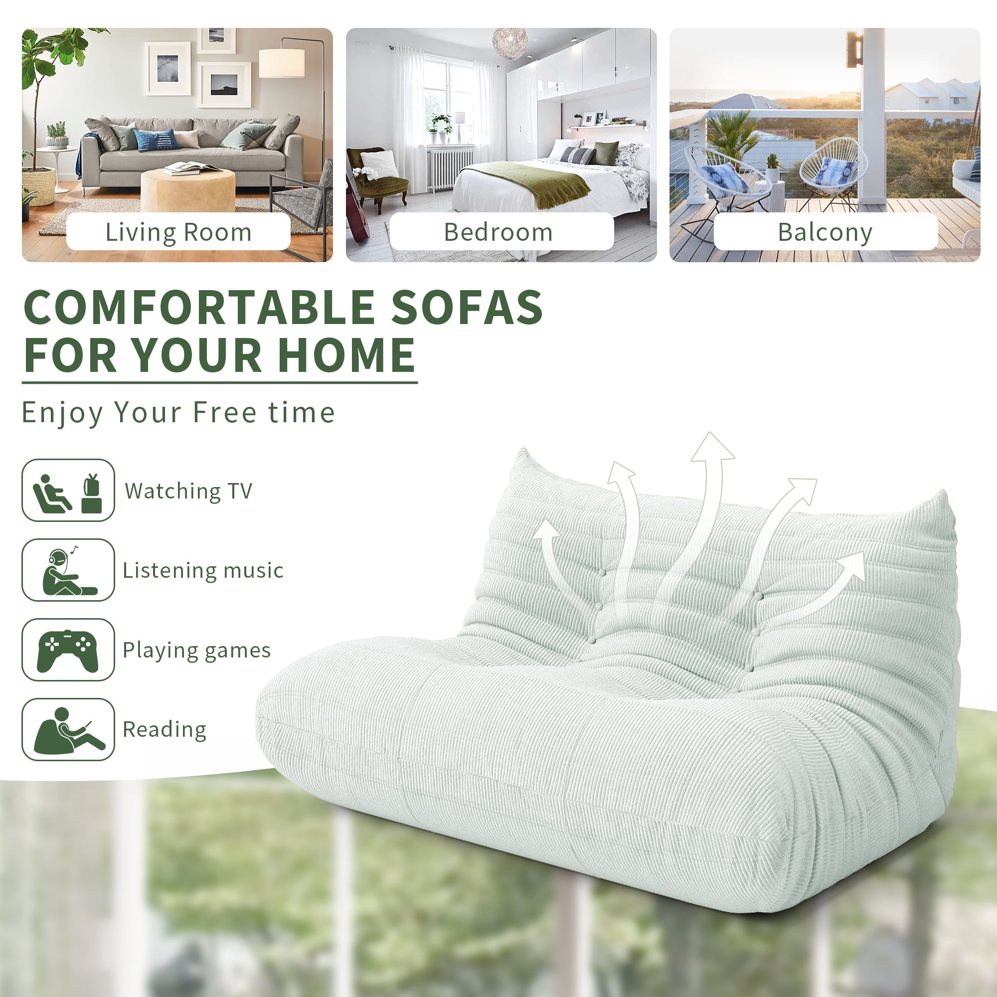 Gtilzria Lazy Sofa Comfortable Bean Bag Chair for Adults Floor Couch for Living Room, Bedroom, Corduroy, Green
