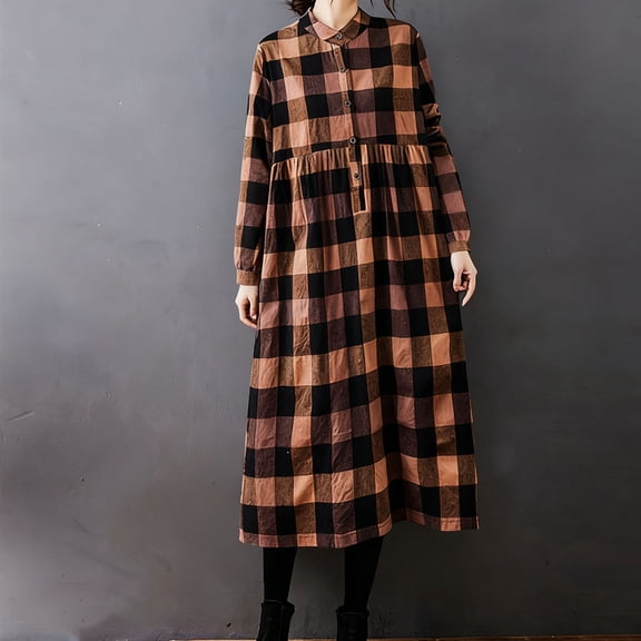 Linen Boho Dresses for Women Plaid Long Sleeve Button V Neck Dress with Pocket Ladies Casual Sundress Elegant Swing Maxi Dress Loose Pullover Lounge Dresses Beach Holiday Sundress Orange XL