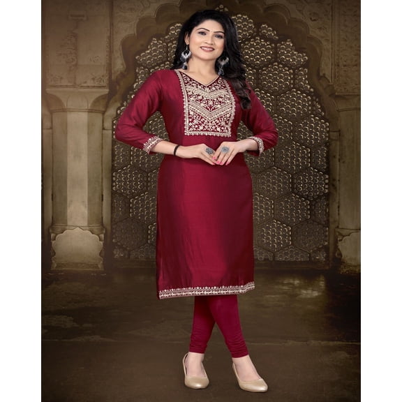 PF THE FASHION TRENDZ Women's Yoke Design Embroidered V-neck Kurta , Maroon, Traditional Ethnic Wear (in, Alpha, XS, Regular, Maroon)
