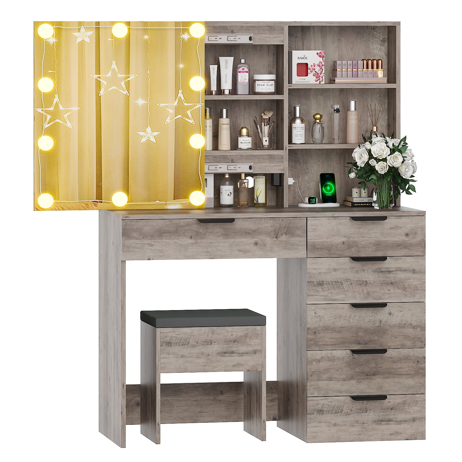 Ktaxon Vanity Table Set with Charging Stationfor Bedroom Makeup Dressing Table with Sliding Mirror,Gray