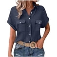 thumbnail image 3 of Jinhomg Women Teacher shirts Shorts Sleeve Casual Button Down Shirts Business Office Work Outfits with Pocket Navy M, 3 of 7