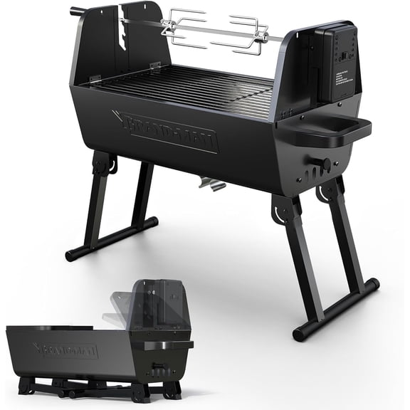Brandman Grills Portable 2-in-1 Charcoal Rotisserie Grill with Spit Roaster & Motor, BBQ Outdoor Cooking
