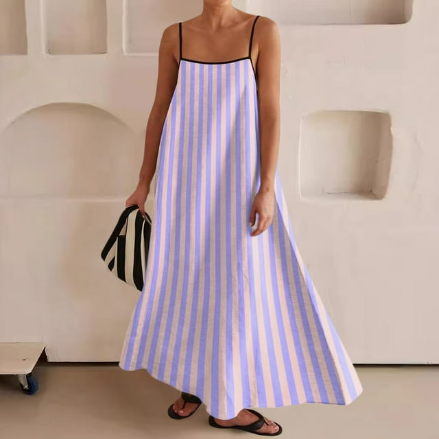 WILLBEST Robes du Dimanche pour Femmes Robe Maxi Contrastée Bretelles Spaghetti Tenues d'Été Voyage Sans Manches Longues Robes