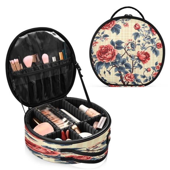BZSMCE Makeup Bag Large Travel Cosmetic Bag with Adjustable Dividers Fashion Roses in Bloom Printed