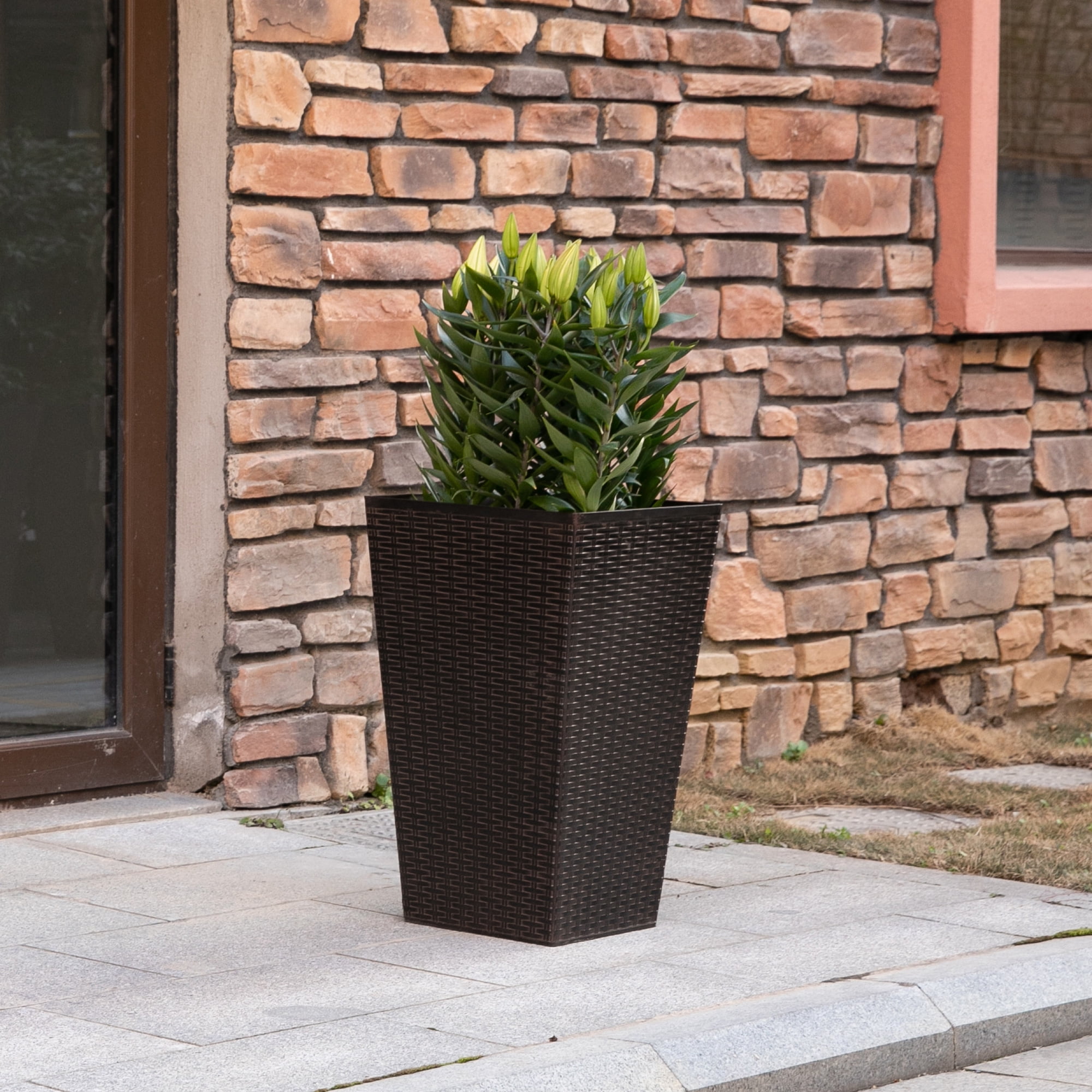 Outsunny Set of 3 Tall Planters with Drainage Hole, Outdoor Flower Plant Pots, Indoor Planters for Porch, Front Door, Entryway, Patio and Deck, Brown