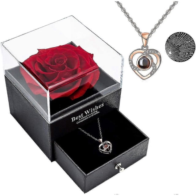 Preserved Real Rose With Love You Necklace In 100 Languages Gift Set