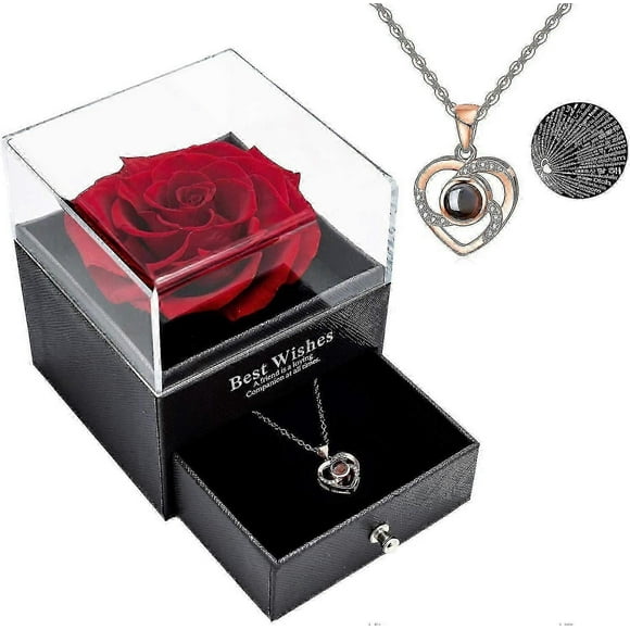Preserved Real Rose With Love You Necklace In 100 Languages Gift Set