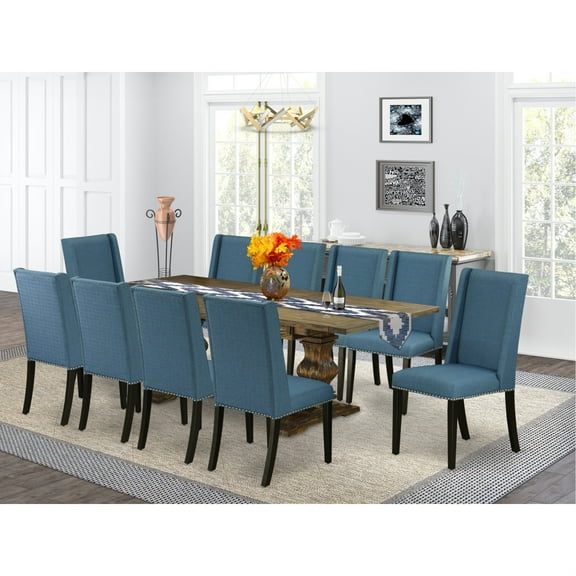 East West Furniture 11-Piece Modern Dining Table Set Includes a Dining Table and 10 Mineral Blue Linen Fabric Parson Dining Chairs with High Back - Distressed Jacobean Finish