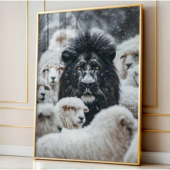 Monochrome Lion Print Among Sheep, Black And White Lion Art, Powerful Lion Poster, Bold Wildlife Decor, Statement Animal Art, Art Wall Art, Modern Wall Decor, 8x12 UNFRAMED