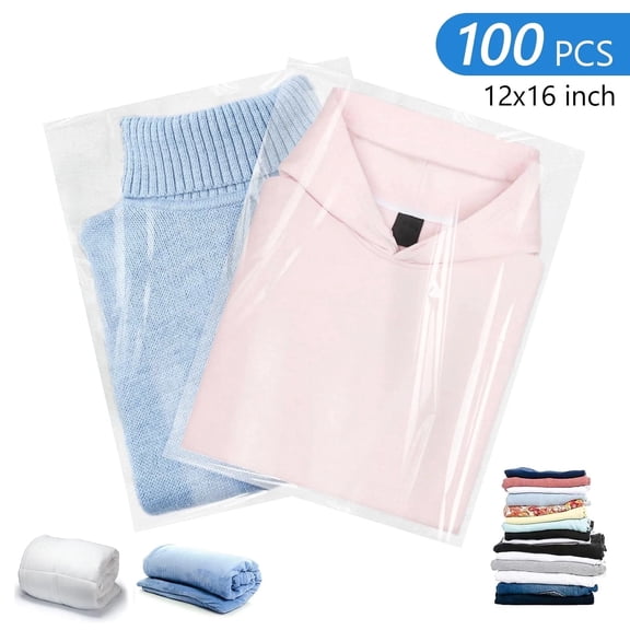 POITVD 100 Pcs Resealable Packaging Bags Clear Cellophane Plastic Bags 12 x 16 inch Self Sealing Packaging Bags for Clothing Shirts Gifts