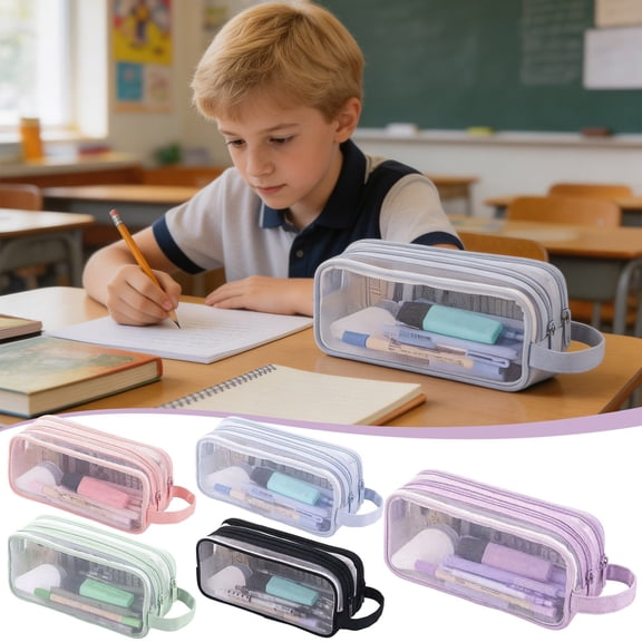 Dmlowu Mesh Clear Pencil Case, Double Layer Large Capacity Pencil Pouch with Carry Handle, Portable Handheld Visual Pen Bag for Elementary & Middle