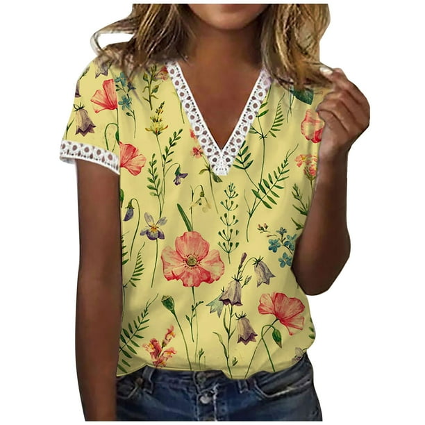 Top casual de manga corta para mujer con cuello en V y estampado degradado sexy de verano para mujer Fridja ghk5816