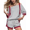 thumbnail image 2 of Women Color Block Off Shoulder Short Sleeve Top and Drawstring Shorts 2 Piece Outfit Set Gray XXXL, 2 of 9