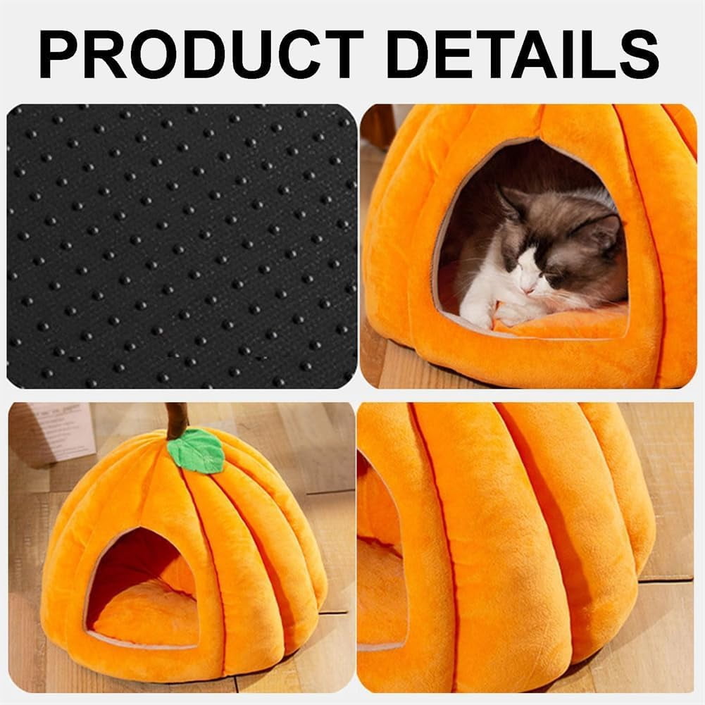 Pumpkin-Shaped Cat Bed with Removable Cushion, Cozy Cat Cave Tent for Indoor Cats, Cute Feline House for Small Pets
