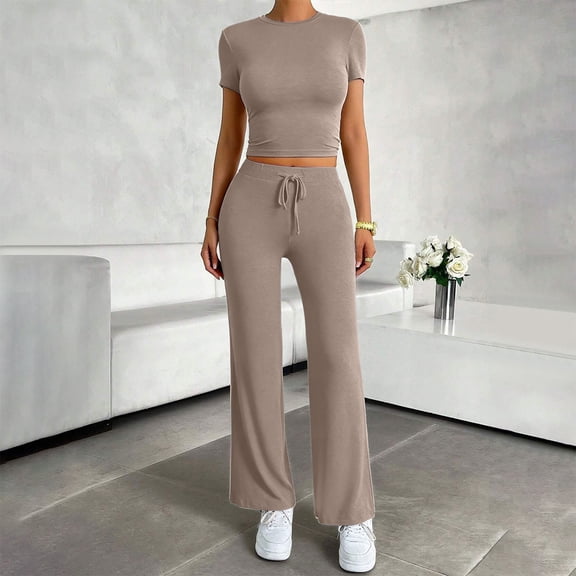 Costeam Womens Solid Color Crew Neck Short Sleeve Top and Long Pants Two Piece Matching Set with Side Pockets Elastic Waist Loose Fit Daily Casual Sport Loungewear Outfit