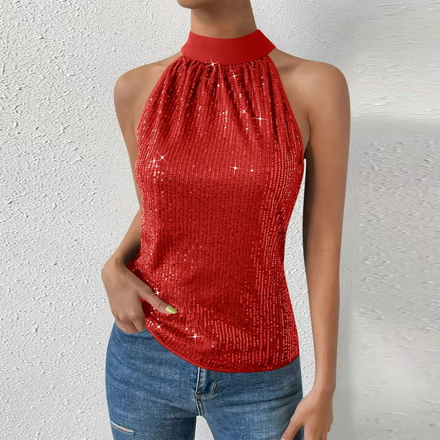 Sentmoon Débardeur à Paillettes pour Femmes Chemise Décontractée Mode Sans Manches Col Ras du Cou Hauts à Paillettes Tendance pour Détente & Sommeil Rouge P