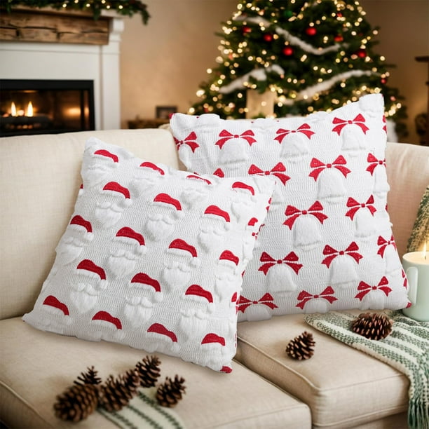 Funda de almohada navideña de Papá Noel | Funda decorativa de terciopelo de terciopelo bordado en blanco rojo | Protector de cojín suave de poliéster | 45x45cm | 1 Pack