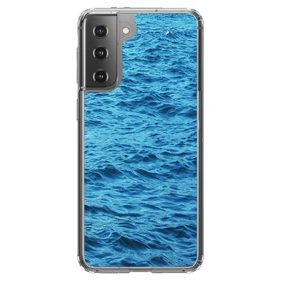 DistinctInk Clear Shockproof Hybrid Case for Galaxy S21 5G (6.2" Screen) - TPU Bumper, Acrylic Back, Tempered Glass Screen Protector - Blue Water Ocean Waves