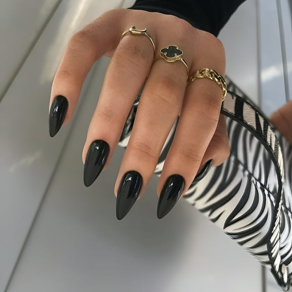 RAGUPEL All Black Press on Nails Medium Almond Stiletto, Pure Color Acrylic Nails Kit Reusable Fake Nails with Feature Protective UV Coating for Women Short Nails Press on Manicure in 24PCS