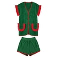 thumbnail image 3 of Womens 2 Piece Set Fringed Trim Short Sleeve Vneck Button Up Top Shorts Lounge Set with Pockets Green S, 3 of 8