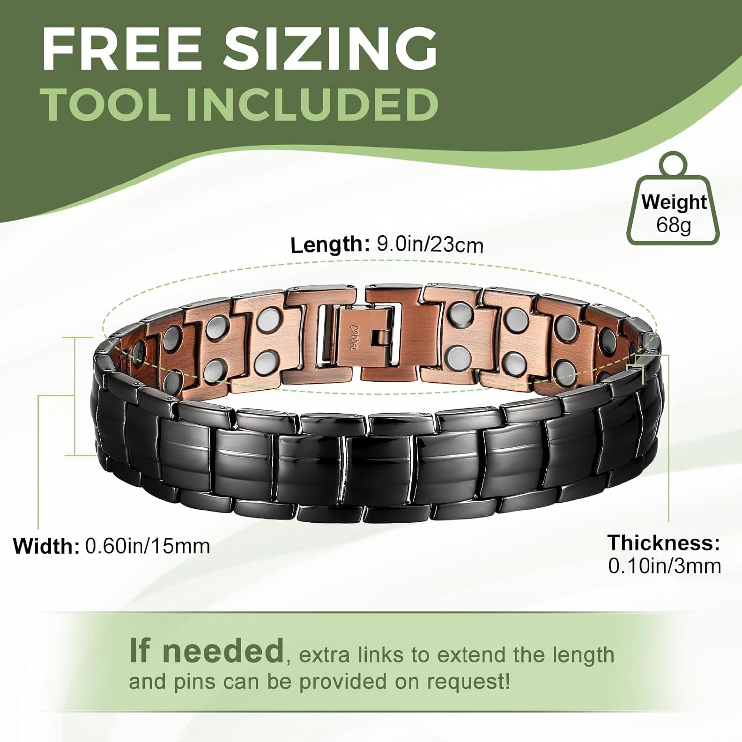 Wollet Black Copper Magnetic Bracelets for Men Adjustable Magnets Copper Jewelry Set of 2
