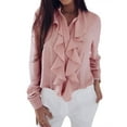 thumbnail image 3 of Women Ruffle Stitching Stand Collar Long Sleeve Button Chiffon Blouse Top, 3 of 5