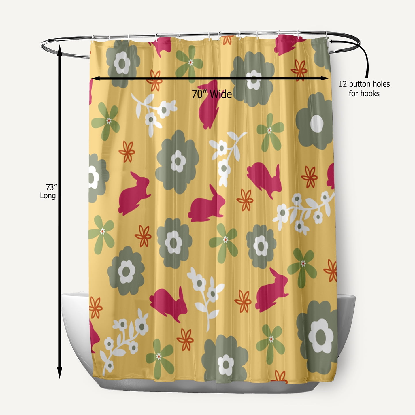 Simply Daisy 70" W x 73" L Flowery Love with Bunnies Polyester Shower Curtain, Daffodil Yellow-Pink [1 Ct]