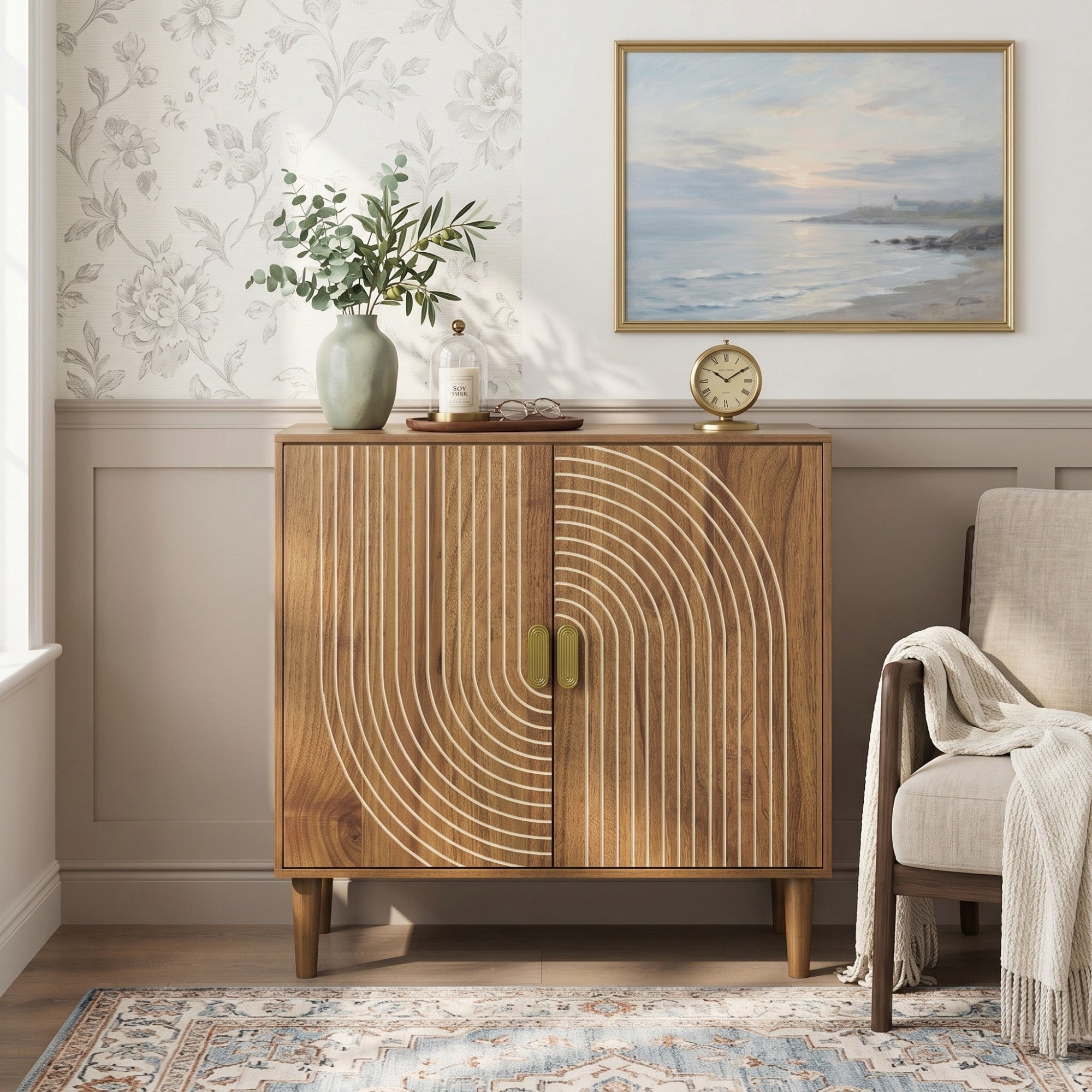 Sailvan Wood Buffet Cabinet, Line Groove Design, 2-Door Storage Sideboard