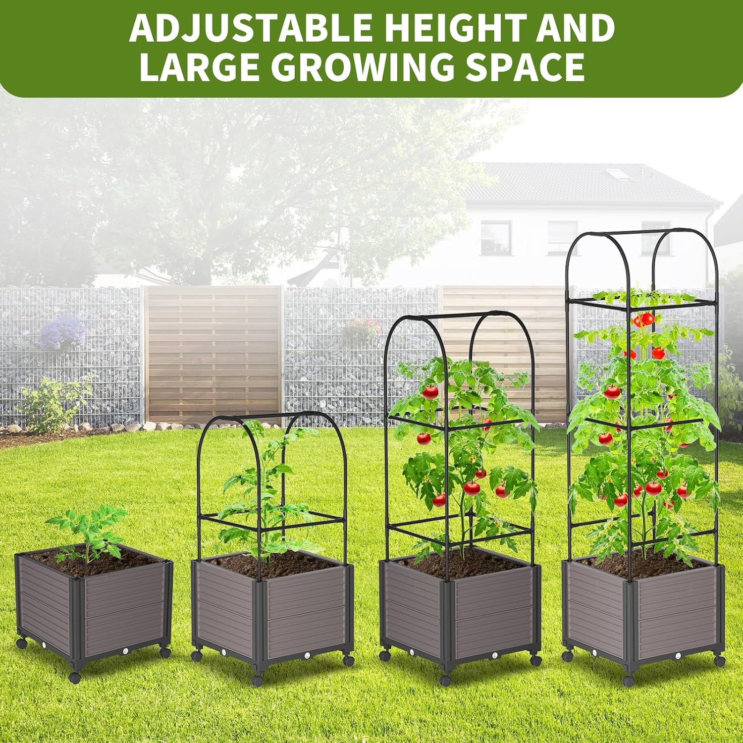 Slsy 2 Pack Raised Garden Bed Planter Box with Wheels,Tomato Cage Planter Raised Garden Bed with Trellis for Climbing Vegetables Plants Tomato Cage, Indoor Outdoor Use