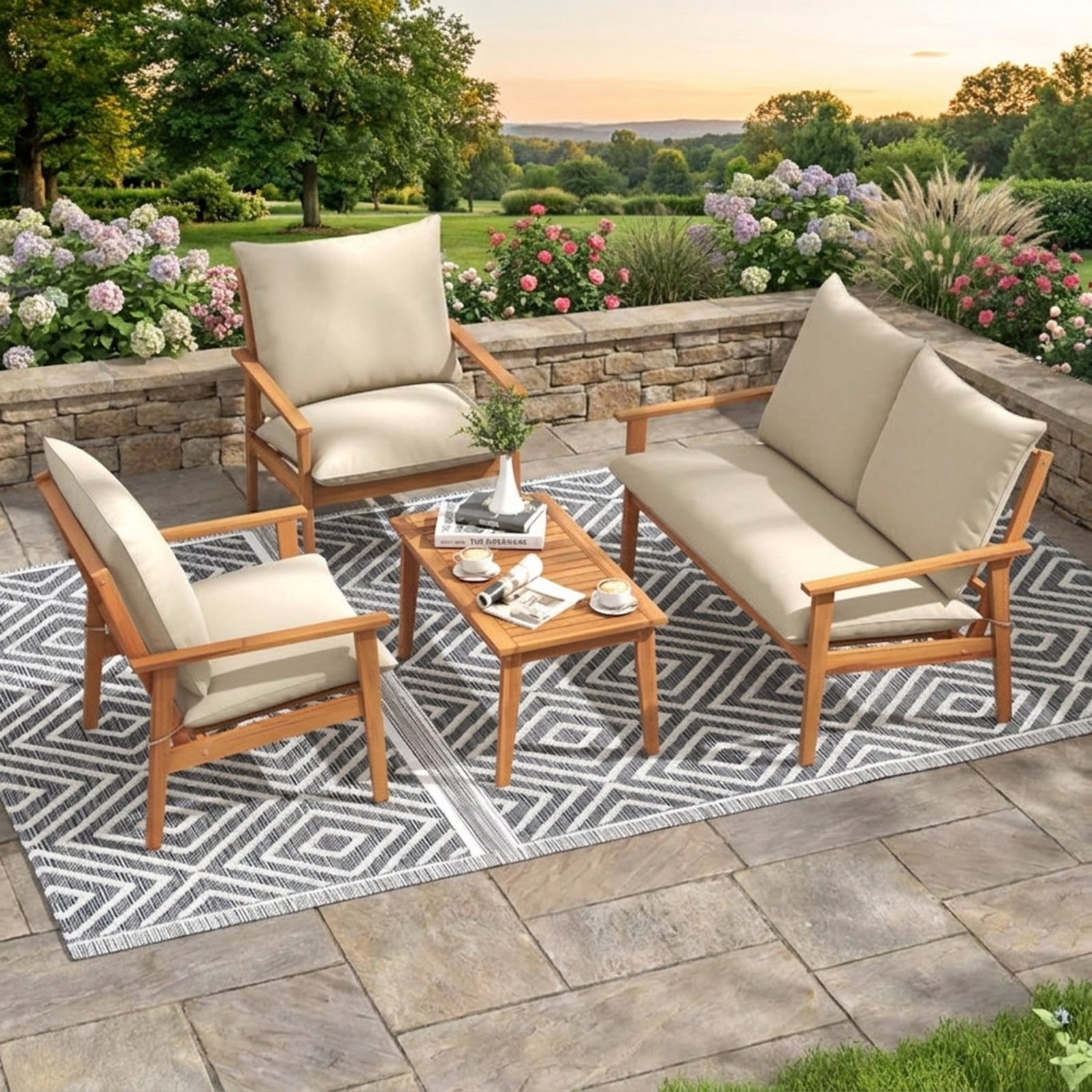 Biotree 4 Piece Outdoor Acacia Wood Conversation Set patio furniture set with soft cushions and coffee table for garden backyard and porch, White
