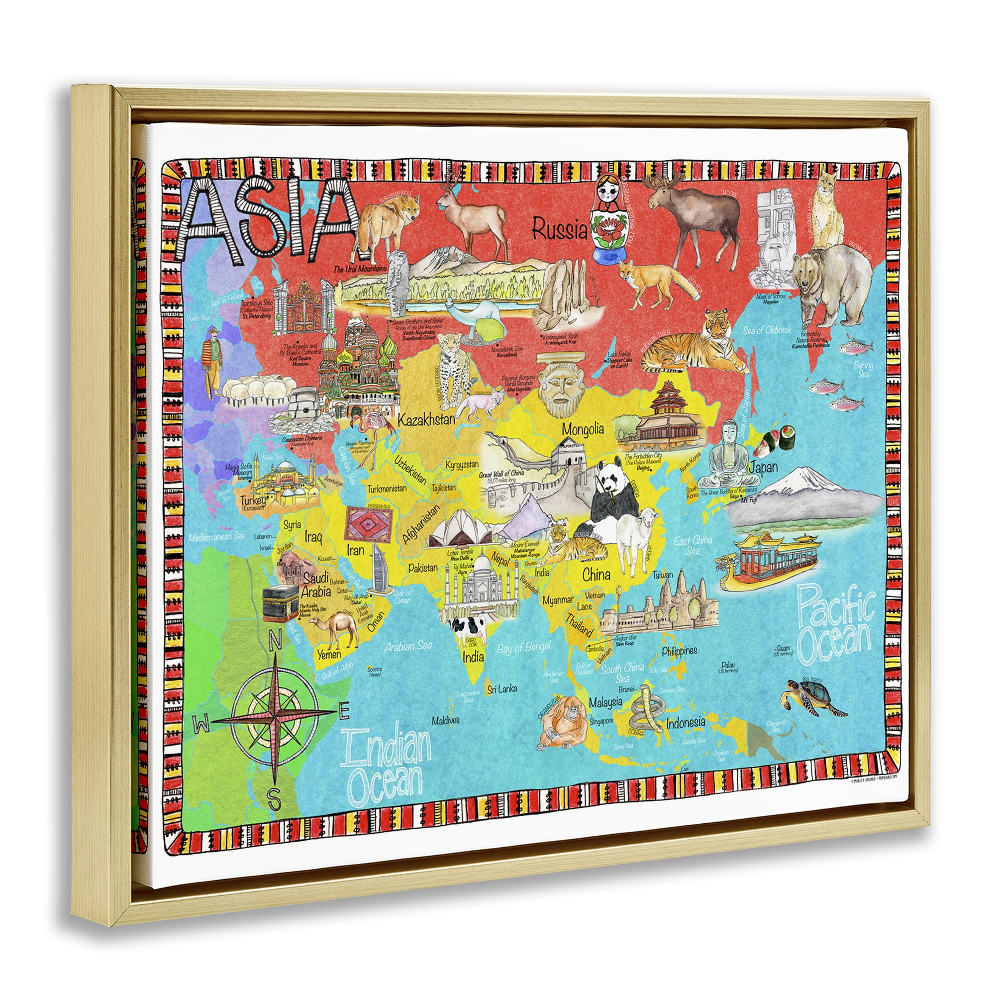 Stupell Industries Asian Animal Map Town & City Painting Gold Floater Framed Art Print Wall Art, 31 x 25