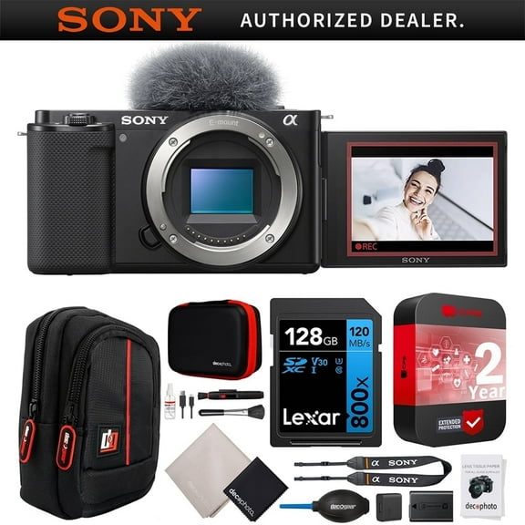 Sony ZV-E10 Mirrorless Alpha APS-C Interchangeable Lens Vlog Camera Body ILCZV-E10/B Black Bundle w/ CPS 2 YR Protection Pack Deco Gear Case 128GB Memory Card Kit| Official Sony USA Dealer