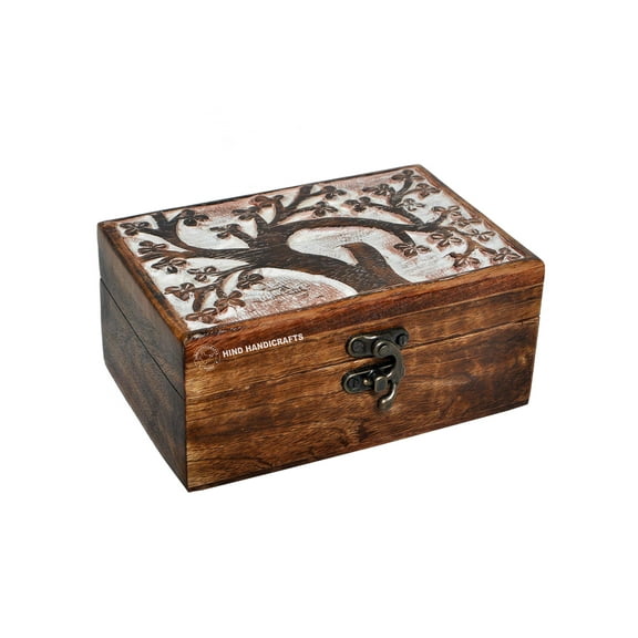 Antique Handmade Wooden Urn Tree of Life Engraving Handcarved Jewellery Box for Women-Men Jewel | Home Decor Accents | Decorative Boxes | Storage & Organiser (6" x 4" x 3", Tree 1)