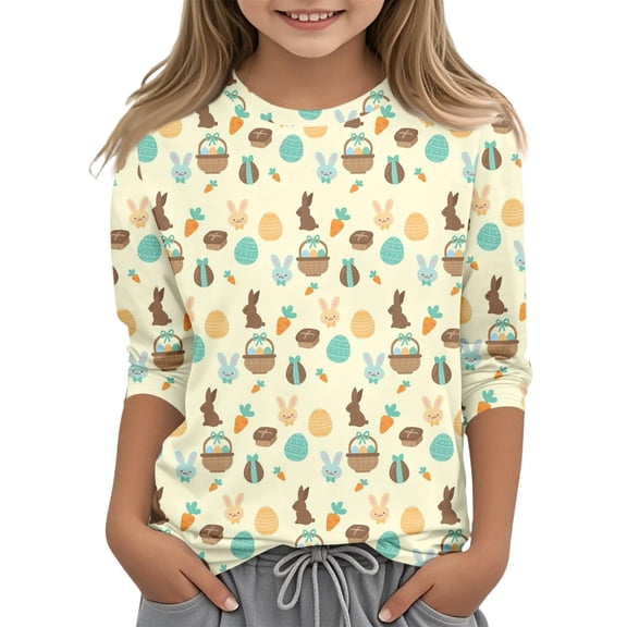 YOUYEDIAN Girls Easter 3/4 Length Sleeve Shirts 2026 Cute Rabbit Bunny Pullovers Tunic Blouse Funny Egg Graphic Tees Tops (Earthy Yellow, 6-7 Years)