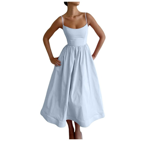 FINALGANG Women Versatile Dress Solid Color Sleeveless O-Neck Pleated Hem Sexy Strap A-Line Sundress Relaxed Fit Activewear