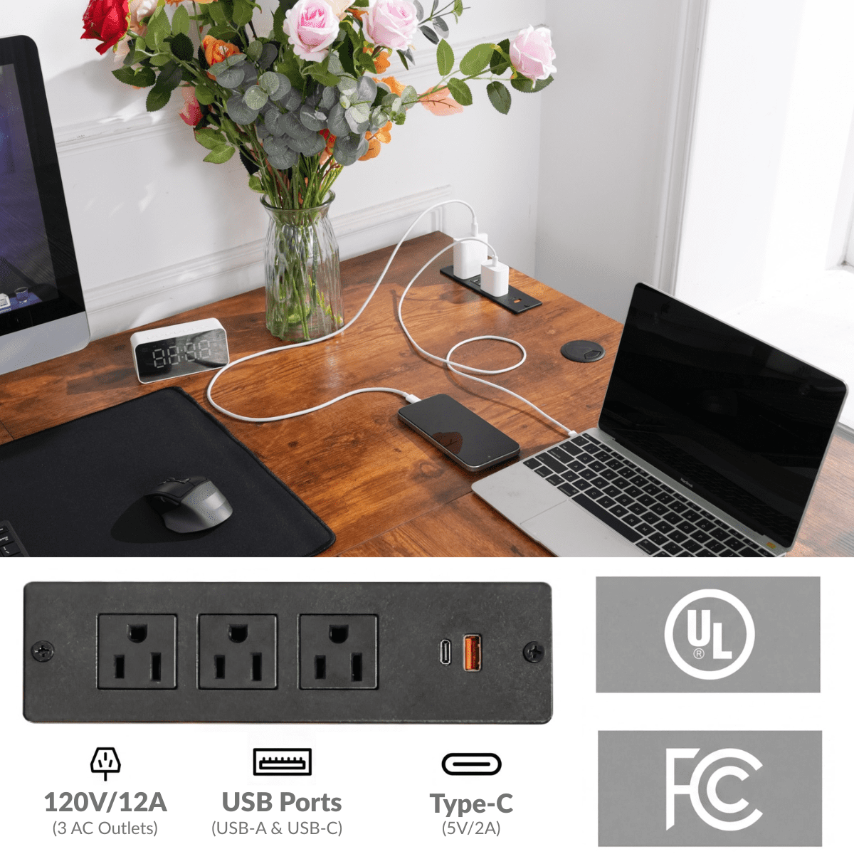 Legooin 63x55 inch L-Shaped Standing Desk with Power Strip, Height Adjustable Sit Stand Desk, with Headphone Hook and Cable Management, for Home Gaming Room Office Dorm, Brown