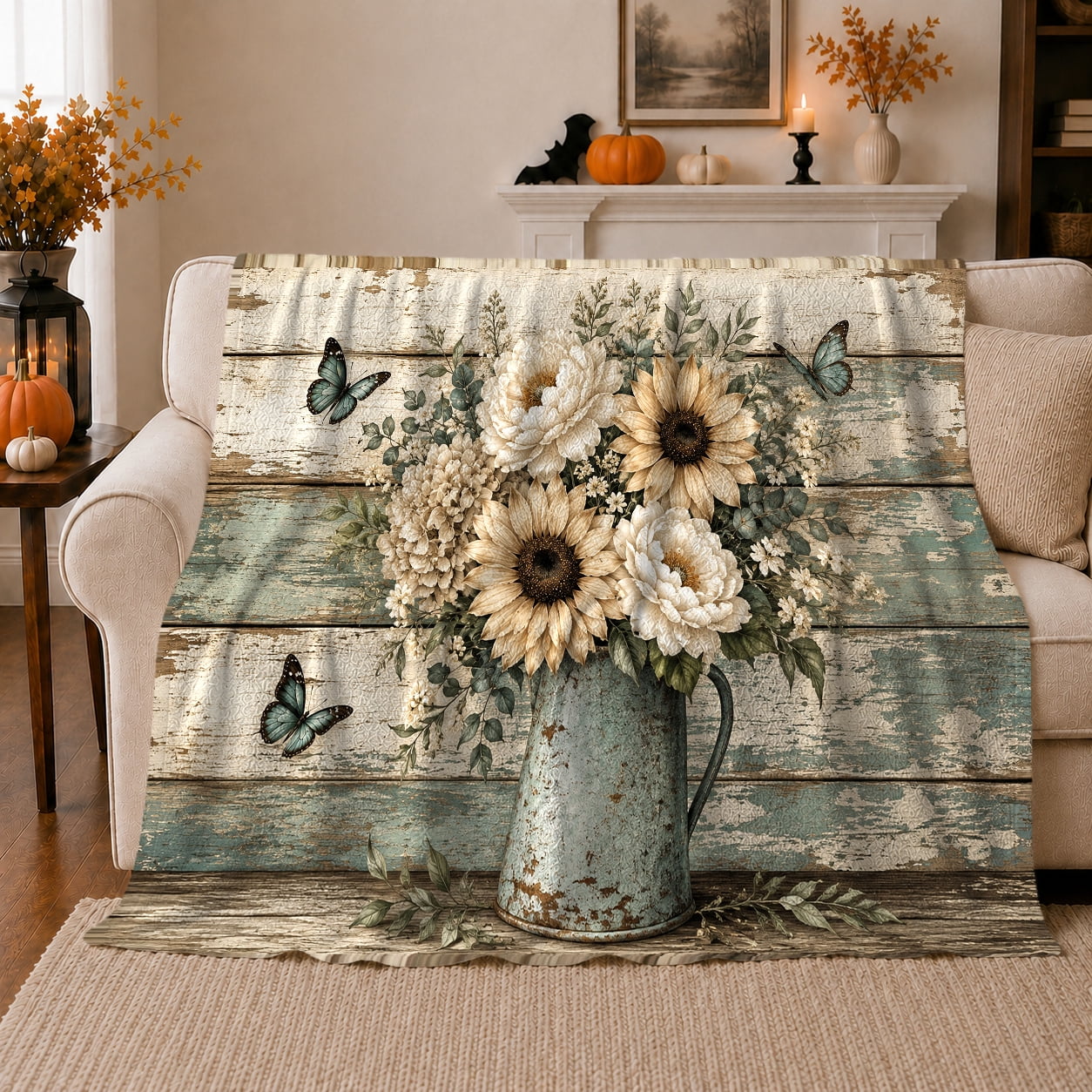 Rustic Pitcher Sunflowers Teal Butterflies Calm Farmhouse Rustic Botanical Portrait Warm Flannel Blanket for Ranch House and Living Room Animal Lovers Appreciation Gift Rustic Home Decor