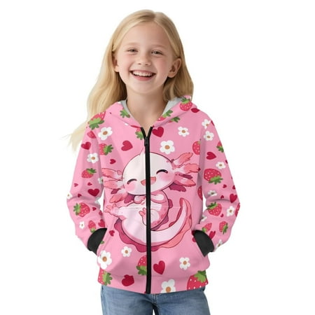 FUIALDOLG Girls Sweatshirt Kawaii Axolotl Strawberry Print Girls Zip Up Hoodie Kids Long Sleeve Oversized Hoodie Jacket Winter Coat with Pockets Size L