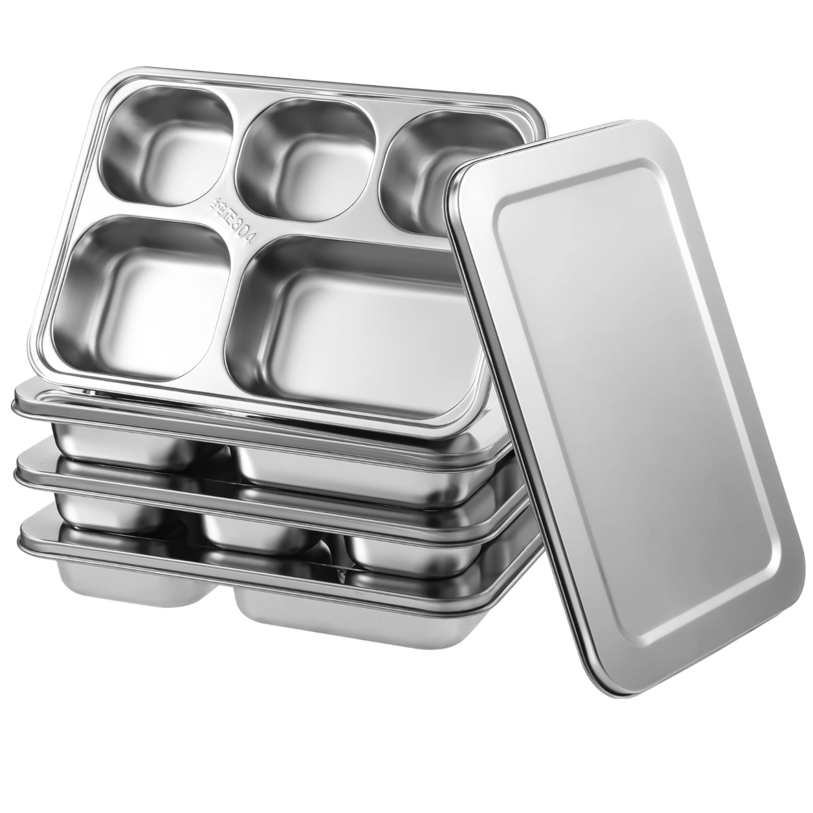 4 Pcs Stainless Steel Snack Containers, 5-Compartment Bento Boxes with Lids, Metal Lunch Trays for Adults & Little Ones, Reusable Meal Prep Lunch Containers for Work, Camp, Travel