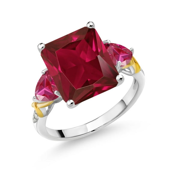 Gem Stone King 925 Sterling Silver and 10K Yellow Gold Red Created Ruby and White Diamond 3 Stone Ring for Women (6.58 Cttw, Gemstone July Birthstone, Emerald Cut 12X10MM, Size 9)