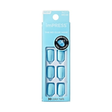 KISS imPRESS Color  Press on Nails, Quench It, Blue, Short Squoval, 30 Count