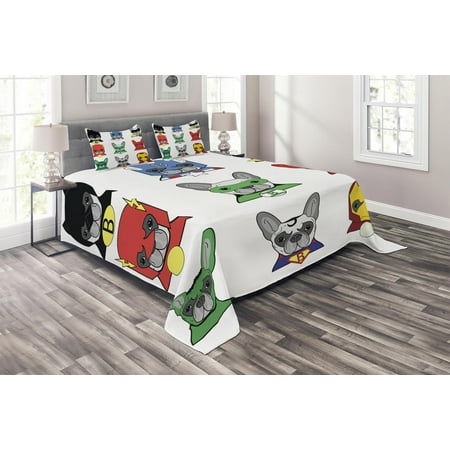 Superhero Coverlet Set, Bulldog Superheroes Fun Cartoon Puppies in Disguise Costume Dogs with Masks Print, Decorative Quilted Bedspread Set with Pillow Shams Included, Multicolor, by Ambesonne