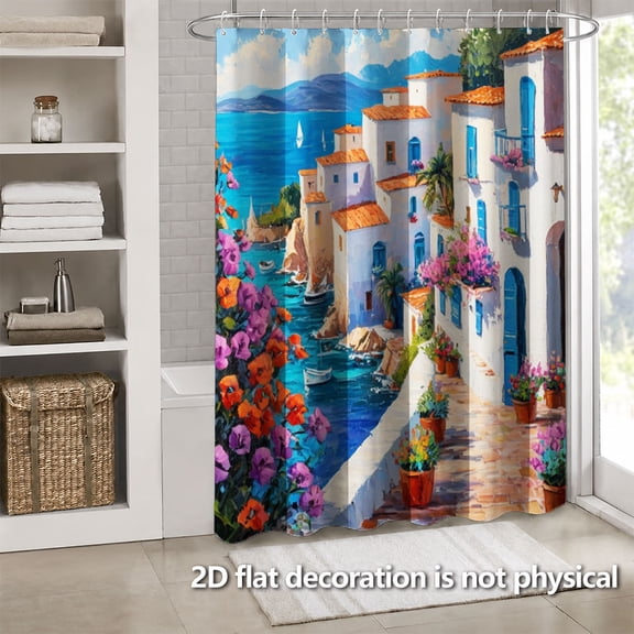 Hoease Mediterranean Coastal Town Seaside Shower Curtain, 71W x 71L Inch Waterproof Fabric Bathroom Curtain with 12 Hooks, Ocean View Bath Decor