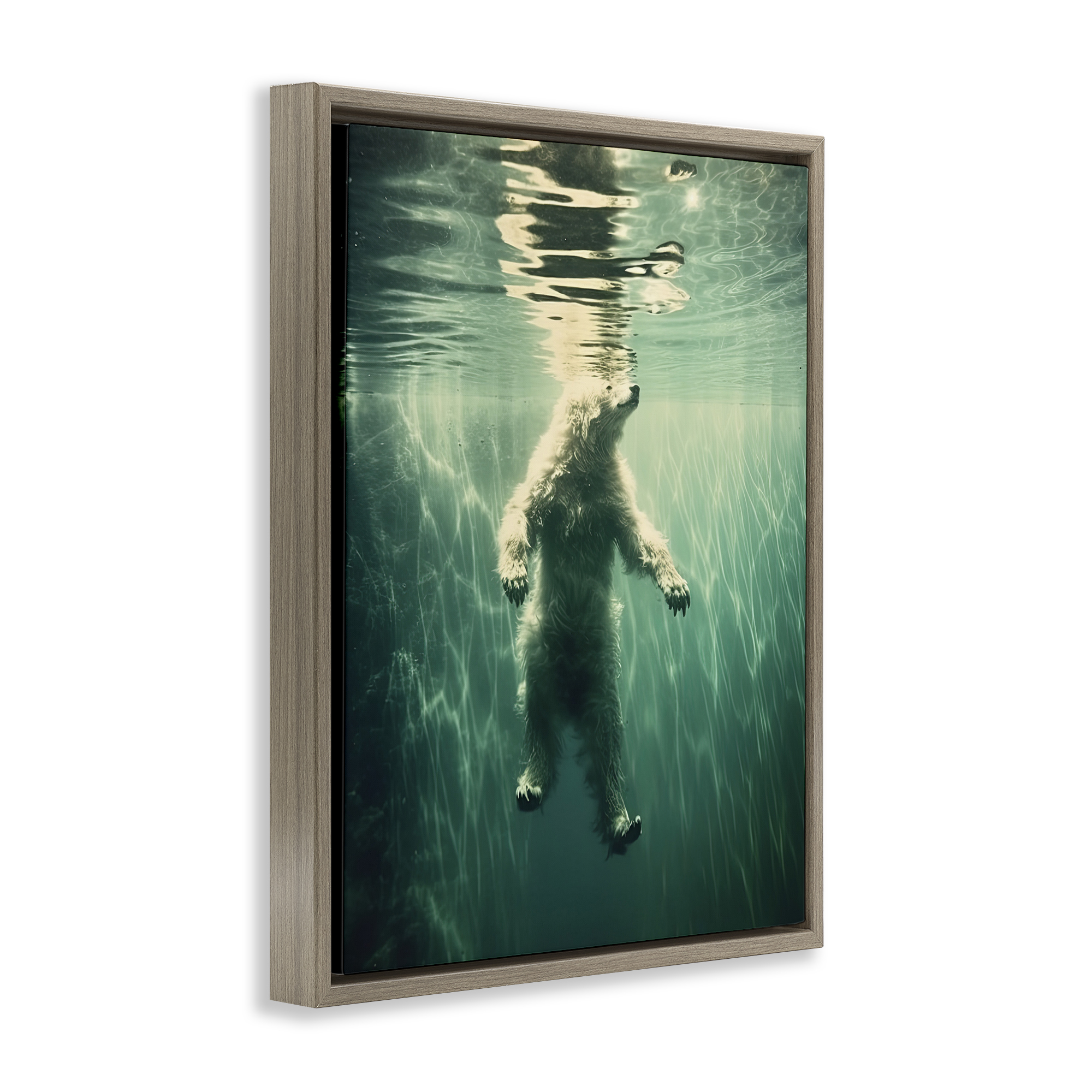 Floating Bear Underwater Brown Framed Floater Canvas Wall Art, design by Decent Exposures