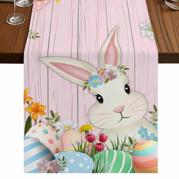 Table Runners 90 Inches Long Dress Scarves, Easter Bunny Farmhouse Coffee/Dining/Kitchen Table Runner for Living Room, Spring Watercolor Eggs Flower Wood Grain Pink 13x90 Inch