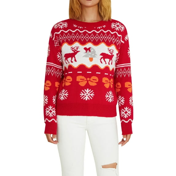 KOMOO Women Christmas Sweaters Snowflake Reindeer Knitted Sweater Long Sleeve Xmas Knitwear Tops