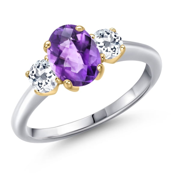 Gem Stone King 10K Two Tone Gold Purple Amethyst and White Topaz Engagement Ring for Women | 1.86 Cttw | Oval Checkerboard 8X6MM | Gemstone February Birthstone | Size 9