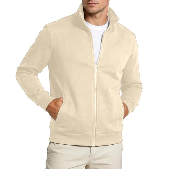 Mens Sweatshirt Stand Collar Zip Cardigan with Lining Hoodless Open Front Winter Top